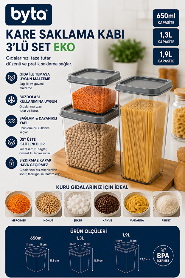 Eko 3-Piece Square Food Storage Container Set 650 ml + 1.3 L + 1.9 L Plastic Food Storage Container with Lid Transparent Kitchen Organization Set