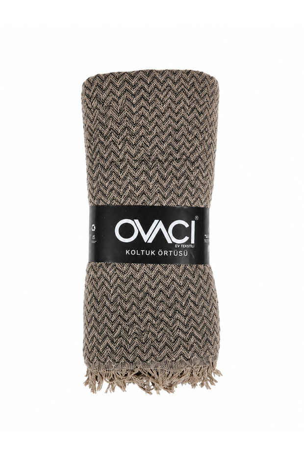 Ovaci Sofa Cover Zigzag Patterned Fringed Beige Sofa Shawl