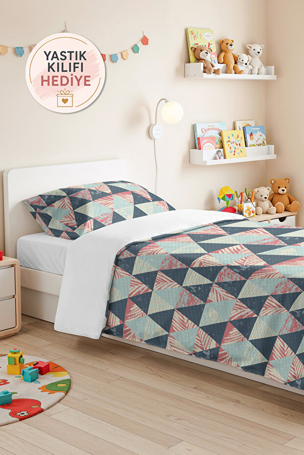 Geometric Blue Young Room Single Pique Set - Pastel Pink 160X220 cm Quilted Bedspread