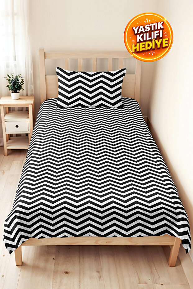 Black Geometric Zigzag Youth Room Single Pique Set - Modern 160X220 cm Quilted Bedspread