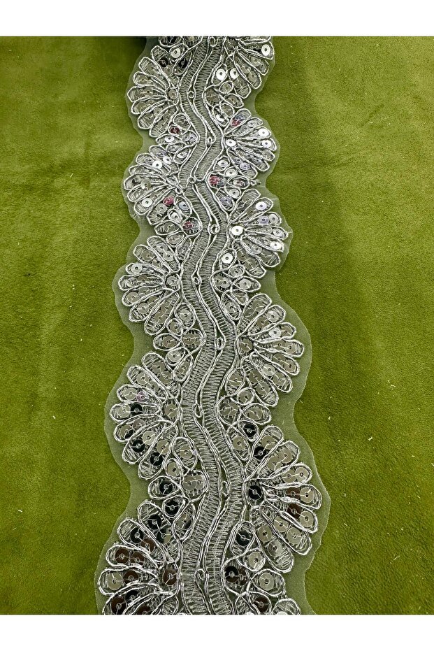 Luxury Sequin Embroidered Lace Ribbon Silver - 1 Meter