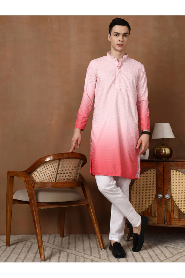 Mens Ombre Thread Work Cotton Kurta Set - 3