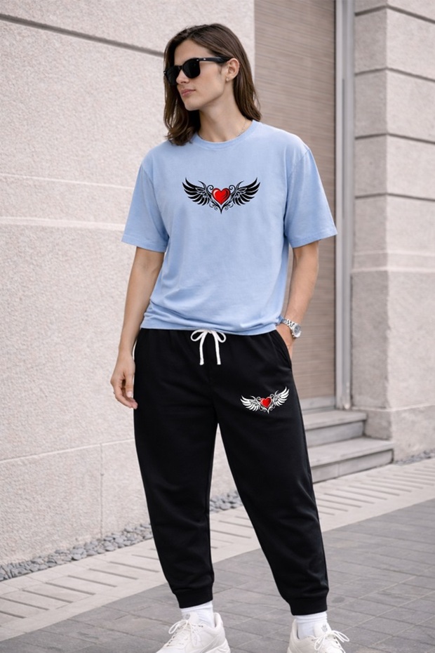 Unisex Oversize Printed T-Shirt and Sweatpants Set – Wide Cut Casual Sweatpants Set – Comfortable with Elastic Cuffs – Kalib