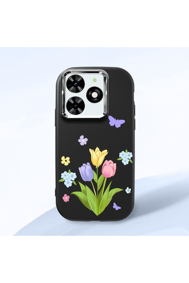 Infinix Smart 8 Pro Compatible Case Camera Protector Black Silicone Couple Phone Case with Floral Pattern