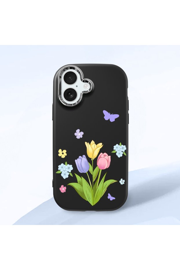 iPhone 17 Compatible Case Camera Protector Black Silicone Couple Phone Case with Floral Pattern