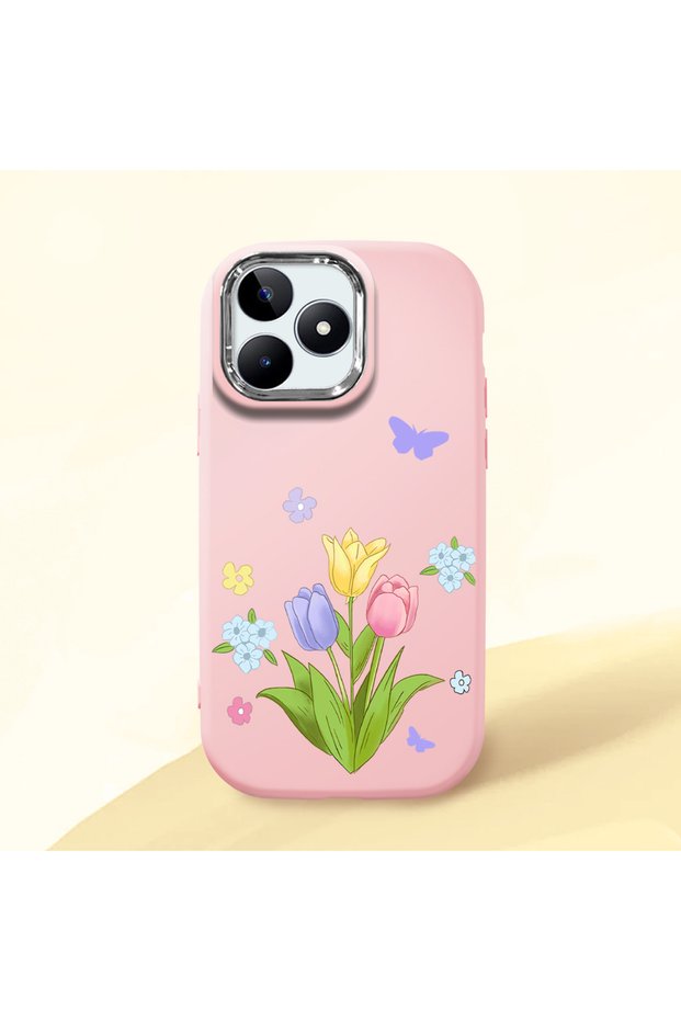 Realme C53 Compatible Case Camera Protector Pink Silicone Couple Phone Case with Floral Pattern