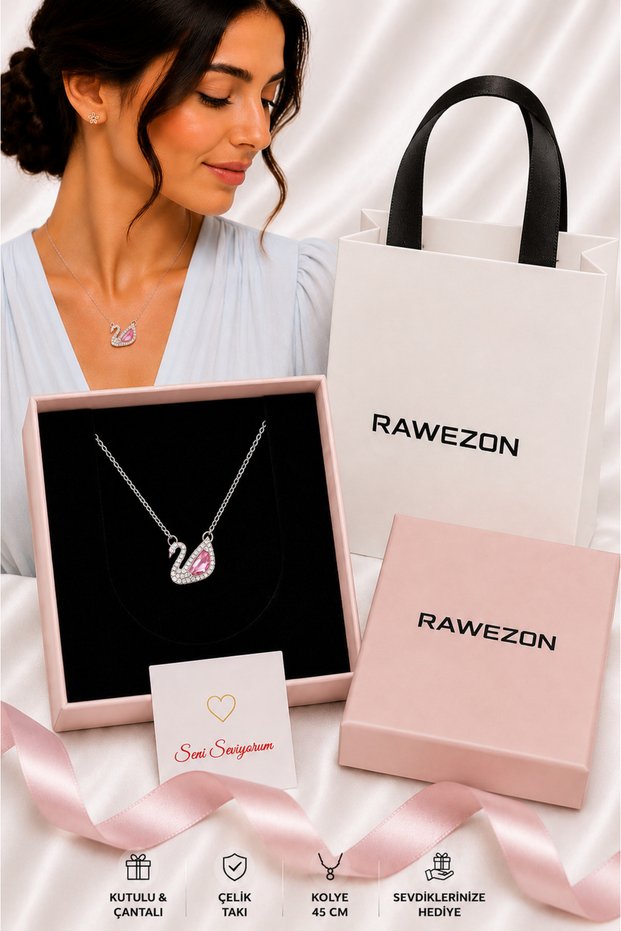 Gift for Lover: Steel Pink Stone Swan Necklace - Birthday Gift for Lover with Special Box and Bag