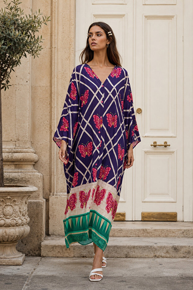 Butterfly Pattern Buttoned Oversize Dress | One Size | Std Size - 5