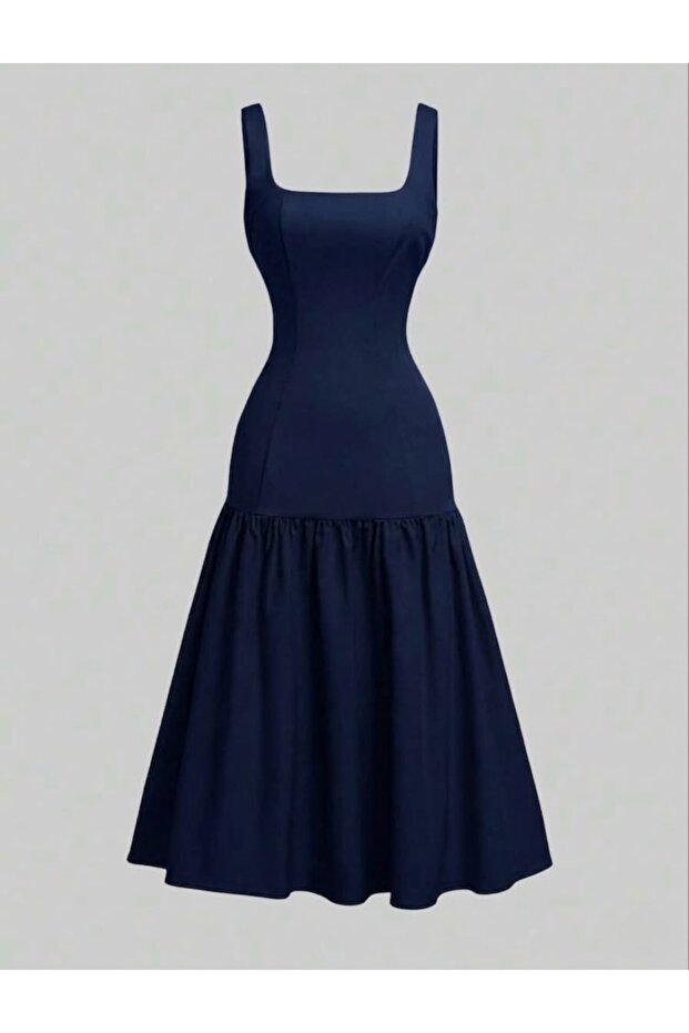Sandra - Crepe Fabric Strap Fish Shape Midi Dress