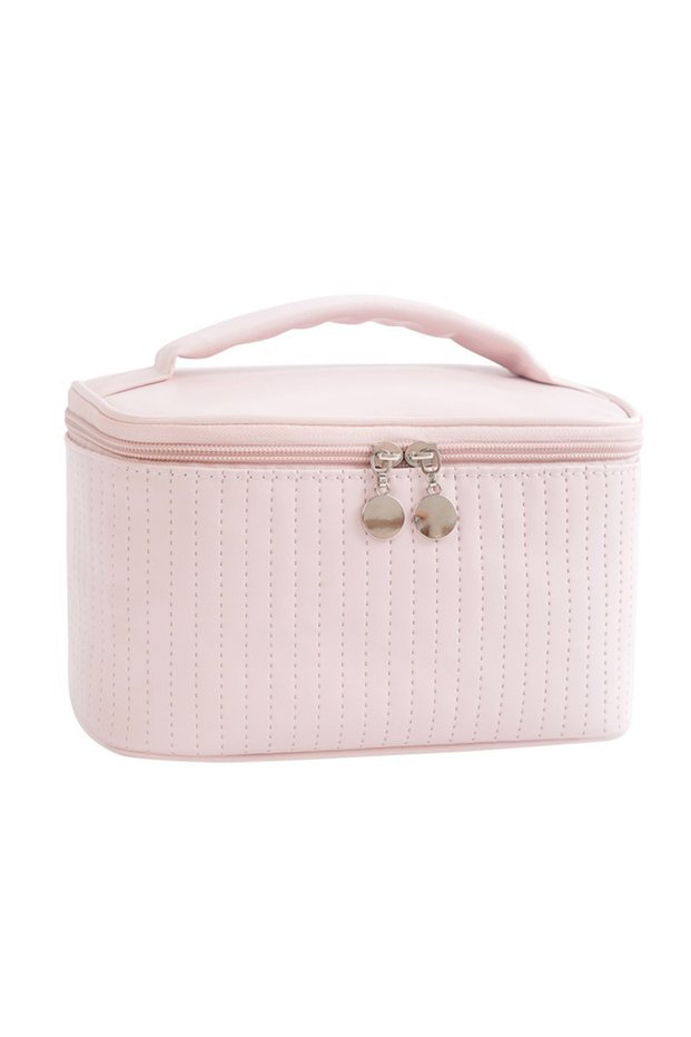Pink Handheld Solid Color PU Leather Cosmetic Organization Storage Bag Portable Travel Toiletry Pouc