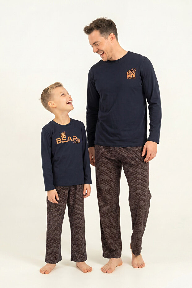 طقم بيجامة بأكمام طويلة باللون الأزرق الداكن من Baba Oğul Bear Club AR3824-A-V1