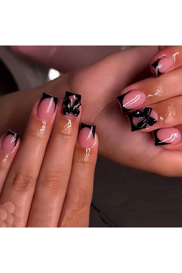 Beige 24PCS Pressing Style Nail, Square Shaped Fake Nail, Black French Fake Nail With 3d Bow Design,