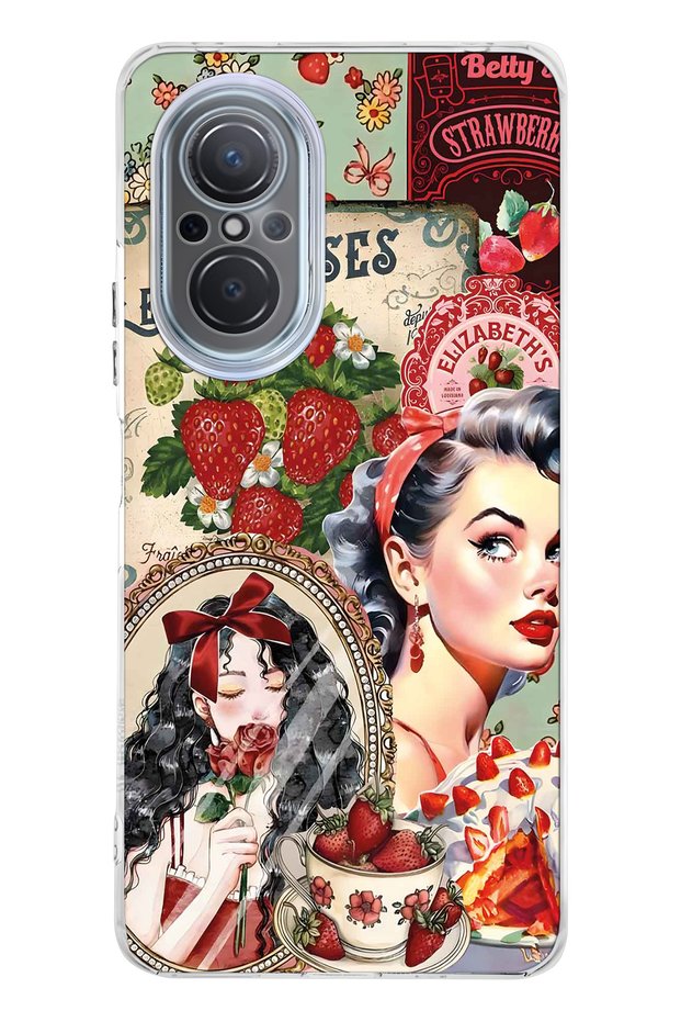 Huawei Nova 9 Se Compatible Retro Women's Collage Patterned Transparent Phone Case