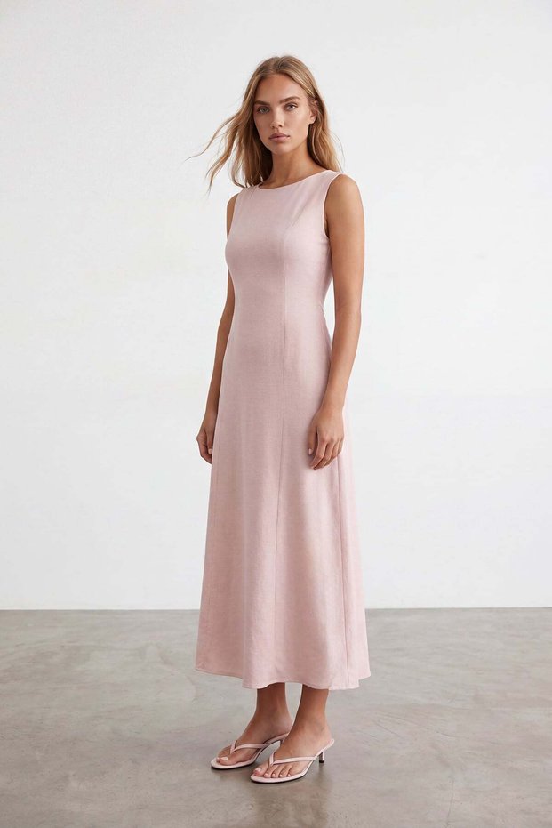 Women's Powder Crew Neck Midi Length Lined Knitted Dress Alc-X15559