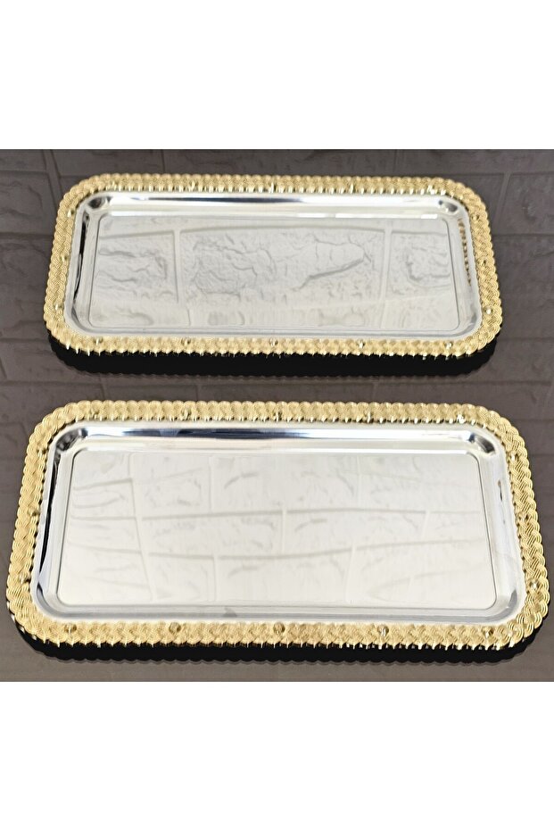 2 Pieces Baton Wicker Gold-Silver Presentation Tray & Coffee & Cake/Pastry Serving Tray 32cm