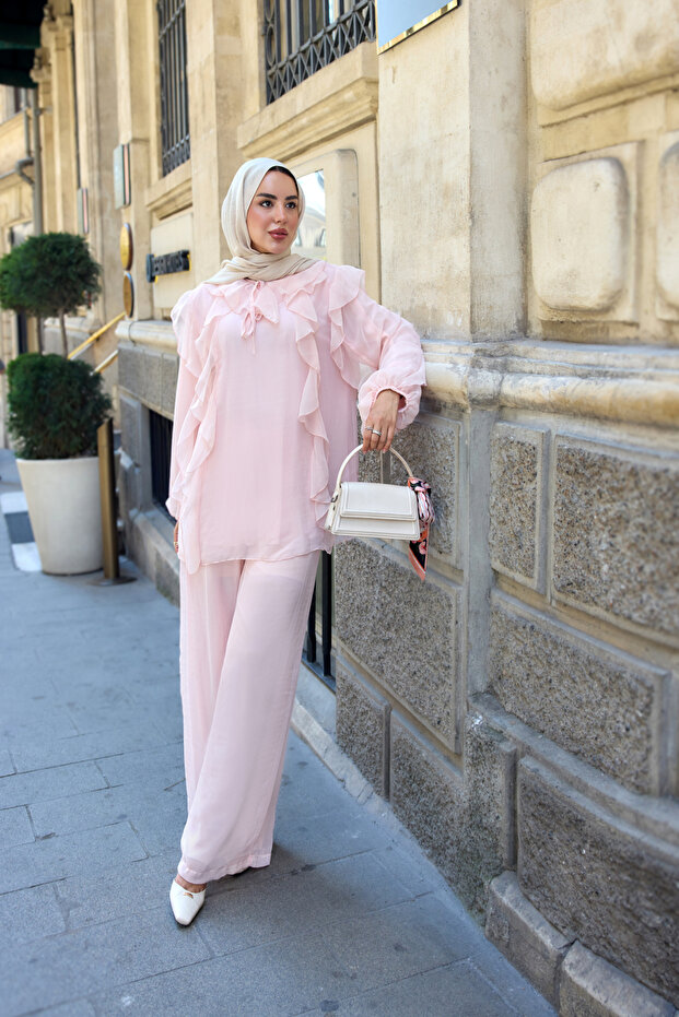 Women's Lined Tulle Suit with Ruffle Detail Pants Powder