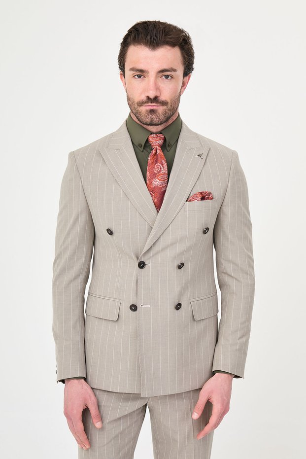 Striped Slim Fit Wide Collar Double Breasted Men's Suit Beige - 45403.25Y