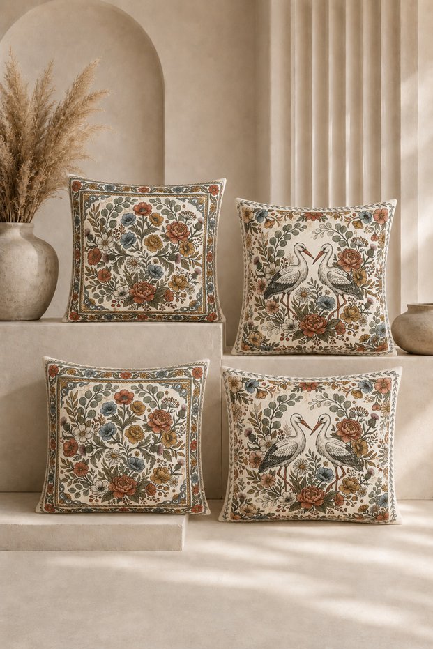Vintage Stork Garden Gift Digital Printed 4-Piece Throw Pillow Cover