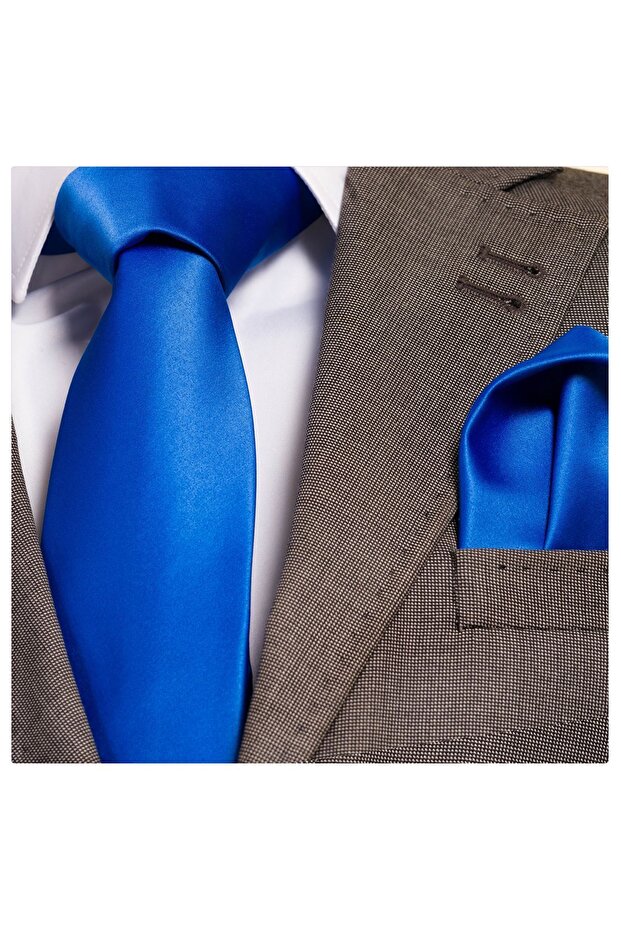Blue Solid Color Fixed Stitched Tie and Handkerchief Set, Complements Your Elegance