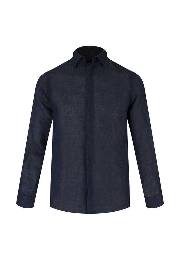 Navy Blue Comfort Fit Hidden Button Collar Linen Shirt