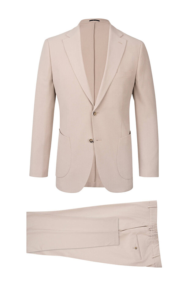 Beige Slim Fit Mono Collar Casual Suit