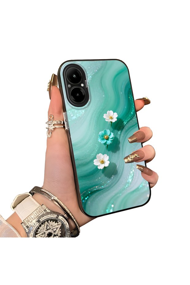 Realme C67 Compatible Silicone Edge Hard Back Case Couple Phone Case with Floral Pattern