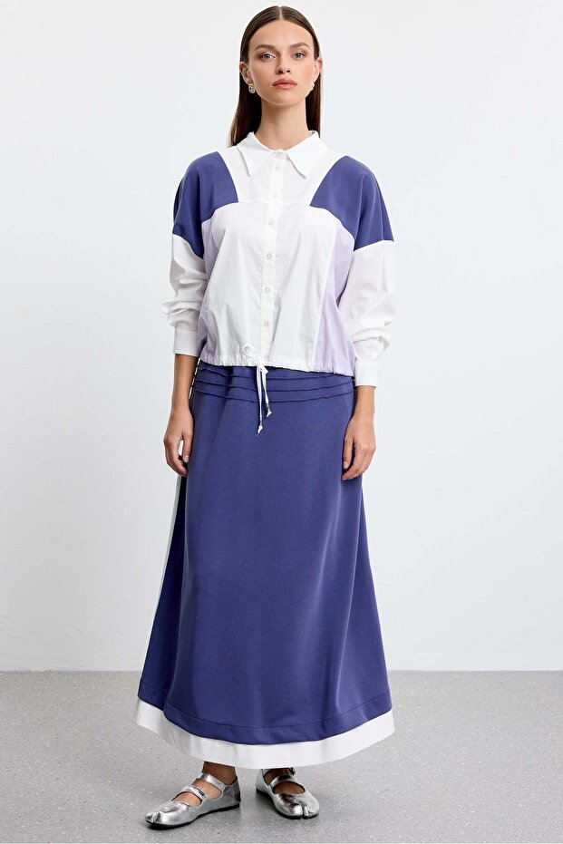 Color detailed shirt skirt set navy blue