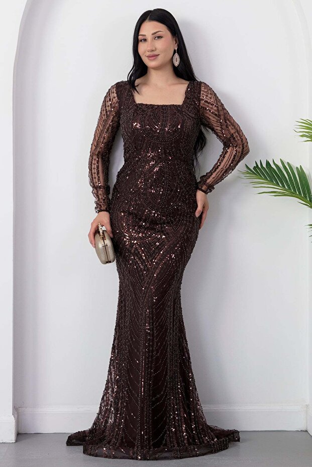 Square Neckline Long Sleeve Beaded Evening Dress 41231