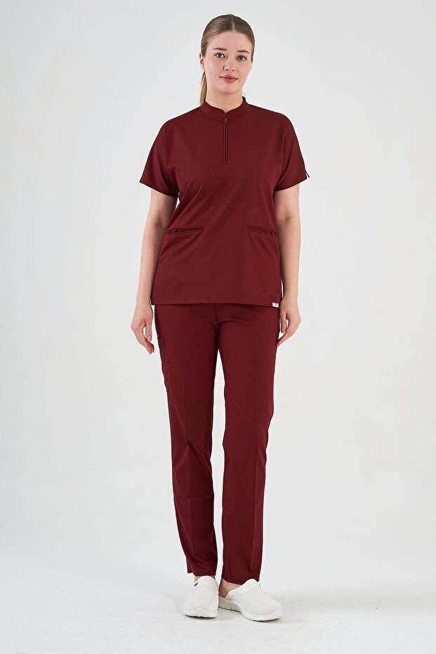 Lycra Maroon Zipper Detailed Surgical Uniform