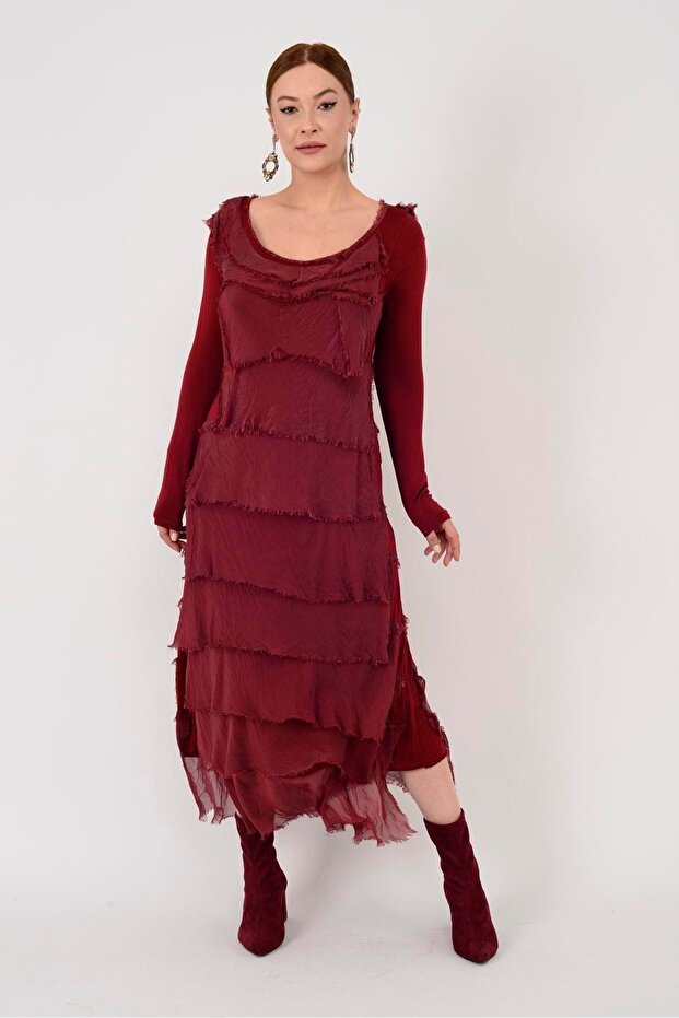 Italian 2 Size Slim Showing Layered Long Sleeve Silk Dress