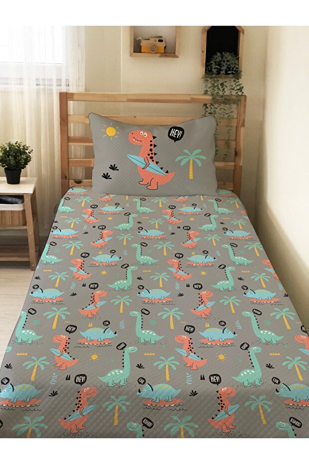 Dinosaur Patterned Baby and Kids Printed Single Pique Set 160 X 220 cm Gray