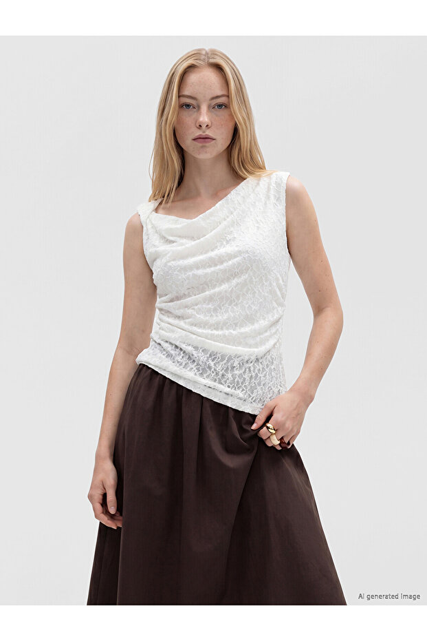 Original Boat Neck Ruched Lace Blouse