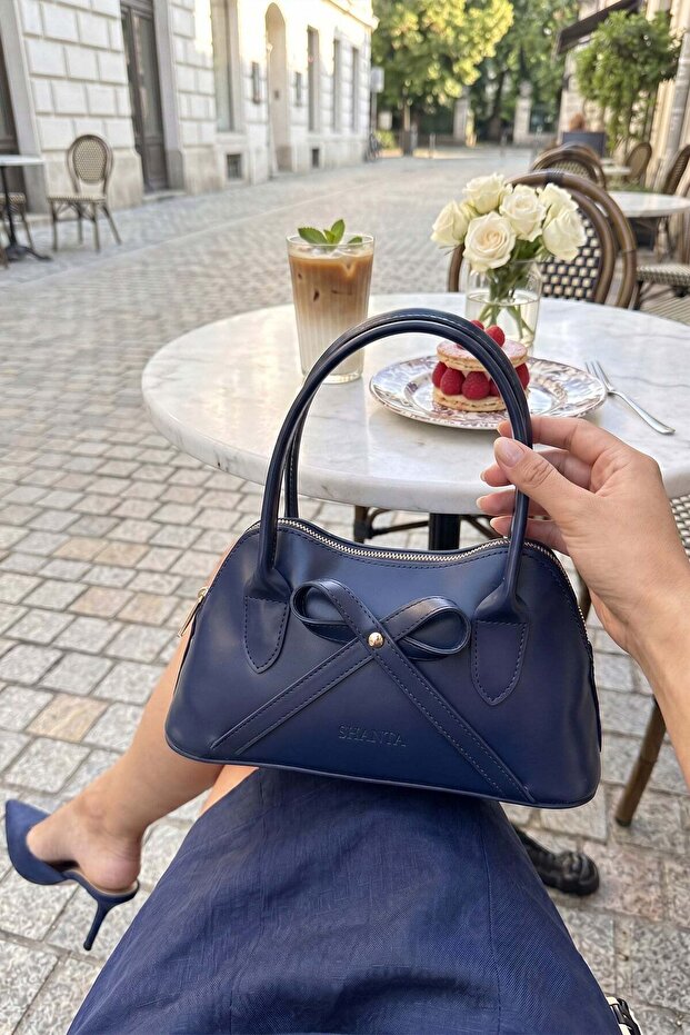 Navy Blue D73 Bow Detailed Zippered Long Strap Stylish Daily Use Women's Hand and Shoulder Bag