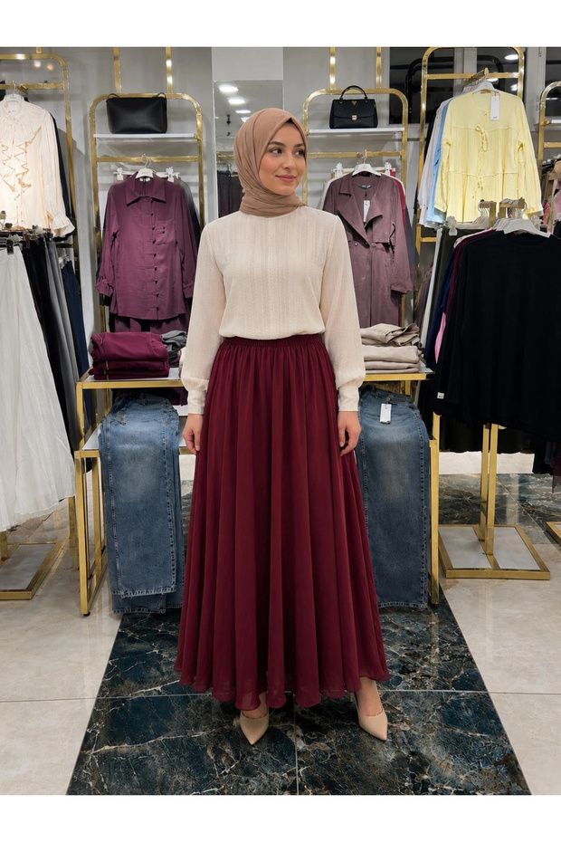 Our Burgundy Lined, Elastic-Waisted, Ruched Skirt Model