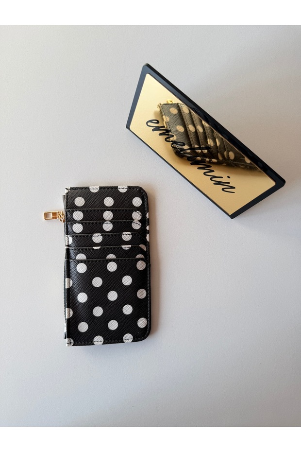 Women's Black-White Polka Dot Zippered Card Holder Wallet Multi-Compartment Slim Wallet