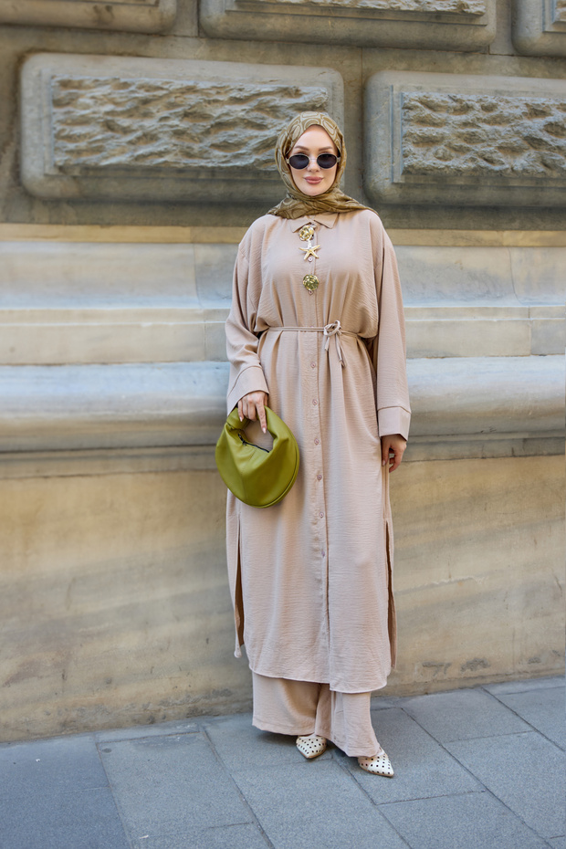 Women's Buttoned Waist Tie Long Shirt Suit Beige