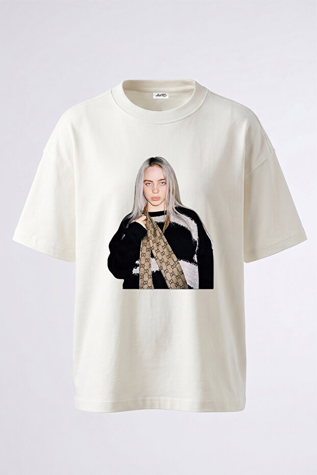 تي شيرت أبيض كبير الحجم مطبوع بتصميم Billie Eilish_102 للجنسين