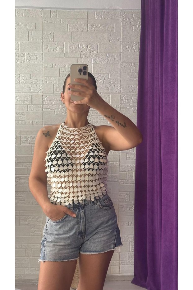 Cream Color Hand Embroidered Sequin Halter Neck Blouse - Party Bustier