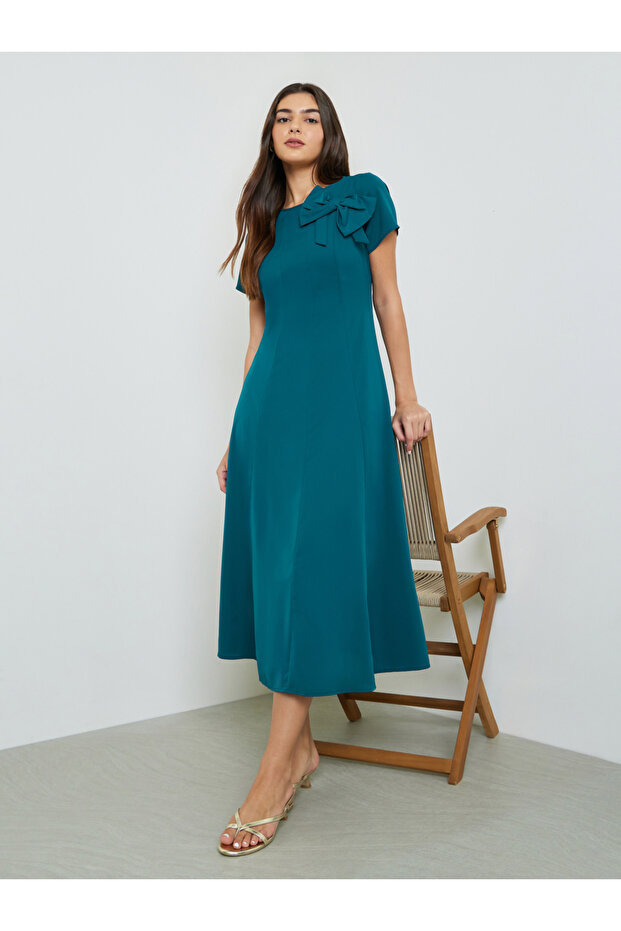 Teal Bow Decor A-Line Midi Dress