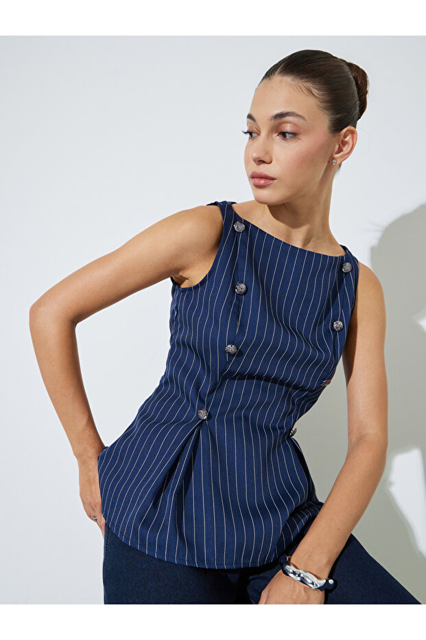 Navy Blue Striped Sleeveless Peplum Top