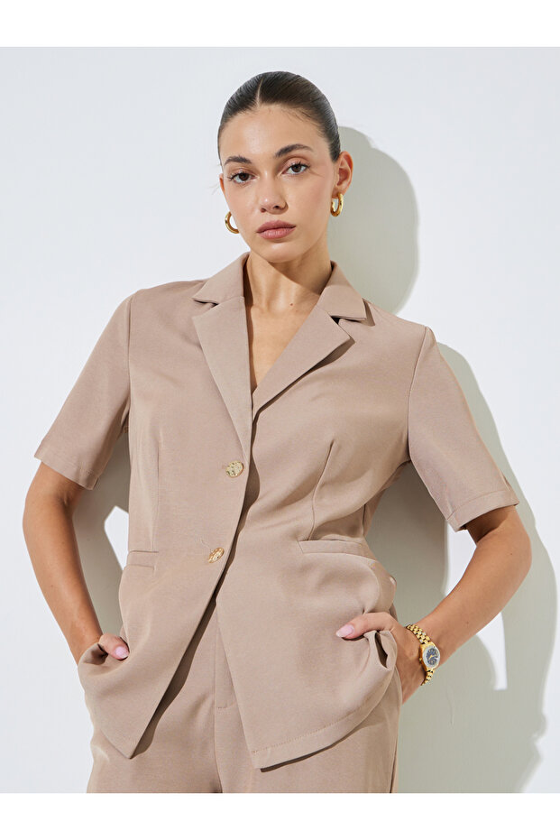 Beige Notch Lapel Blazer Top