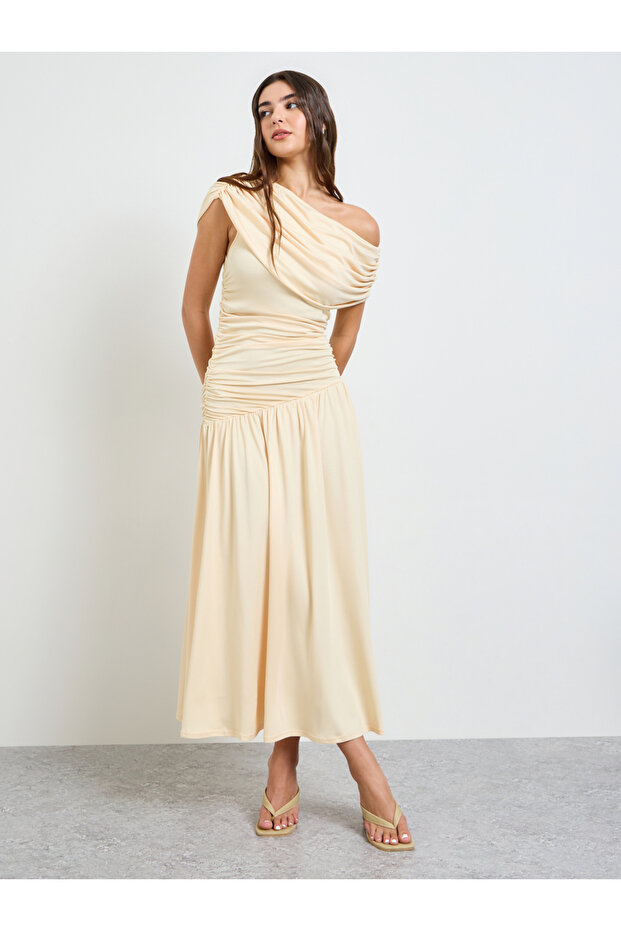 Beige One-Shoulder A-Line Maxi Dress