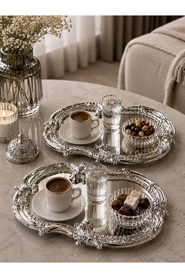 Stainless Steel Silver 2-Piece Embroidered Lace Pattern Artnova Serving, Presentation, Ring Tray and Multi-Purpose Decorative Plate