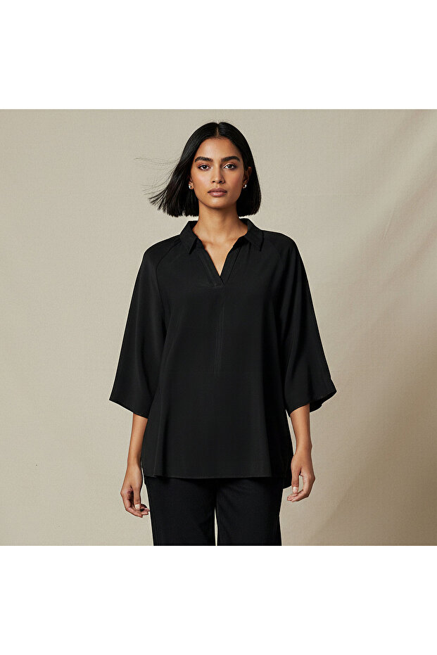 Relaxed Fit Twill Raglan Sleeve Top with Collar