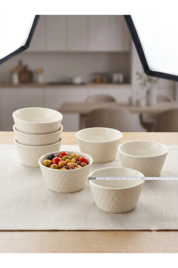 6-Piece Modern Porcelain Snack Bowl and Bowl Set - 10 cm Relief Patterned Presentation Bowl