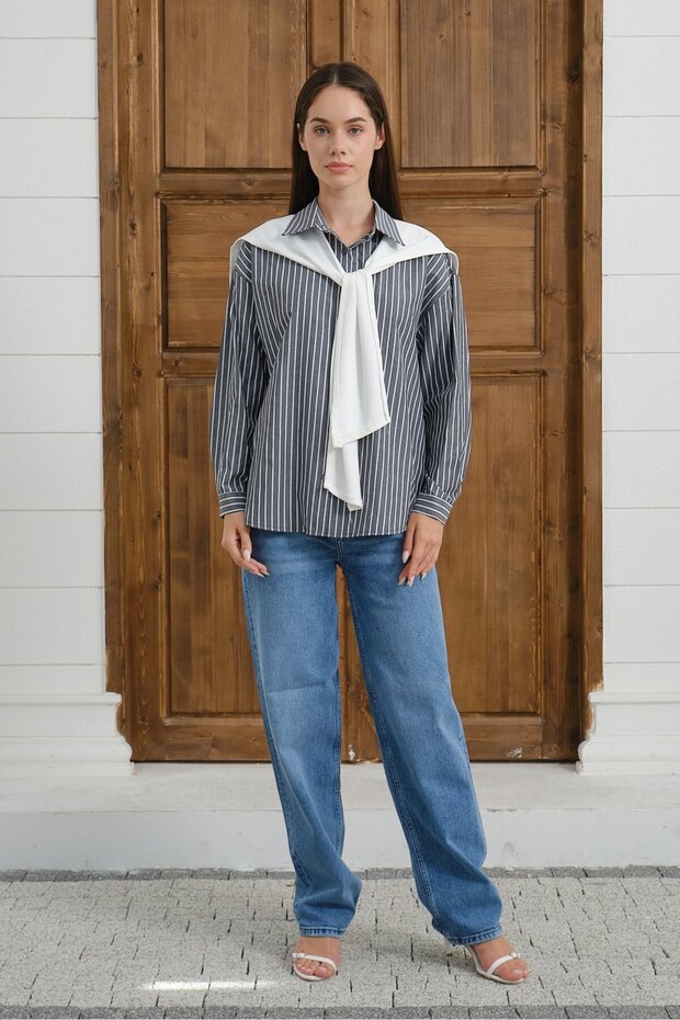 Anthracite Women's Striped Shirt with White Knitwear Look, Detailed Long Sleeve Oversize Shirt