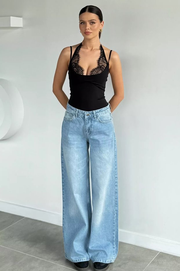 Blue Women's Washed High Waist Loose Wide Leg Palazzo Jean Denim Trousers