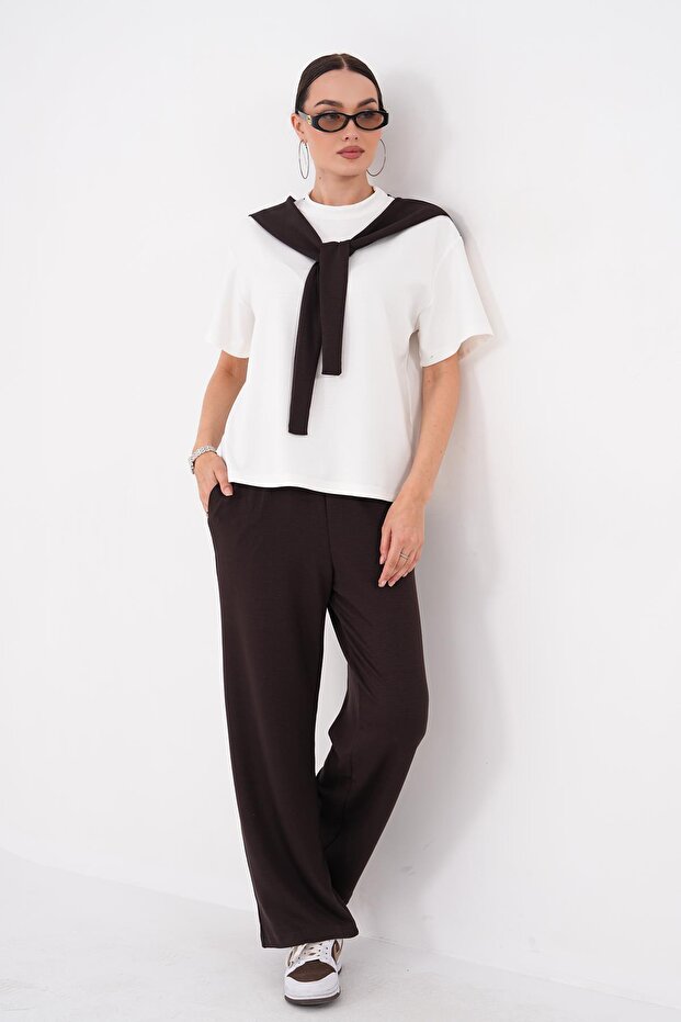 Women's Shawl Look Detailed T-Shirt and Pants Set 260652 -