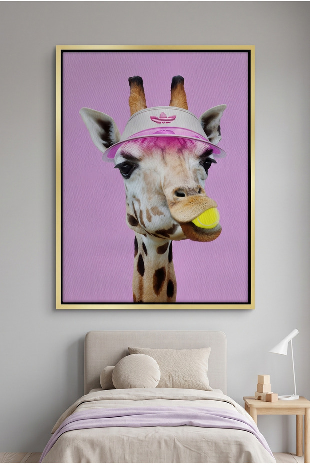 Tennis Giraffe Kids Wall Art | Portrait Framed Canvas Print | Luxury Modern Decor for Kids Room