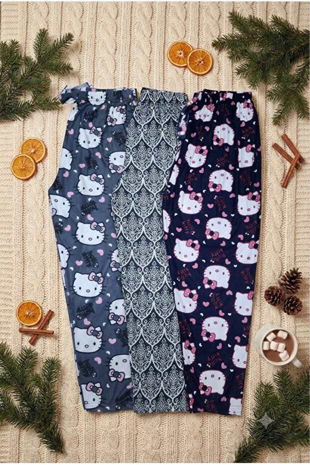 3-Piece Women's Suede Pajama Bottom Set with Floral and Hello Kitty Patterns